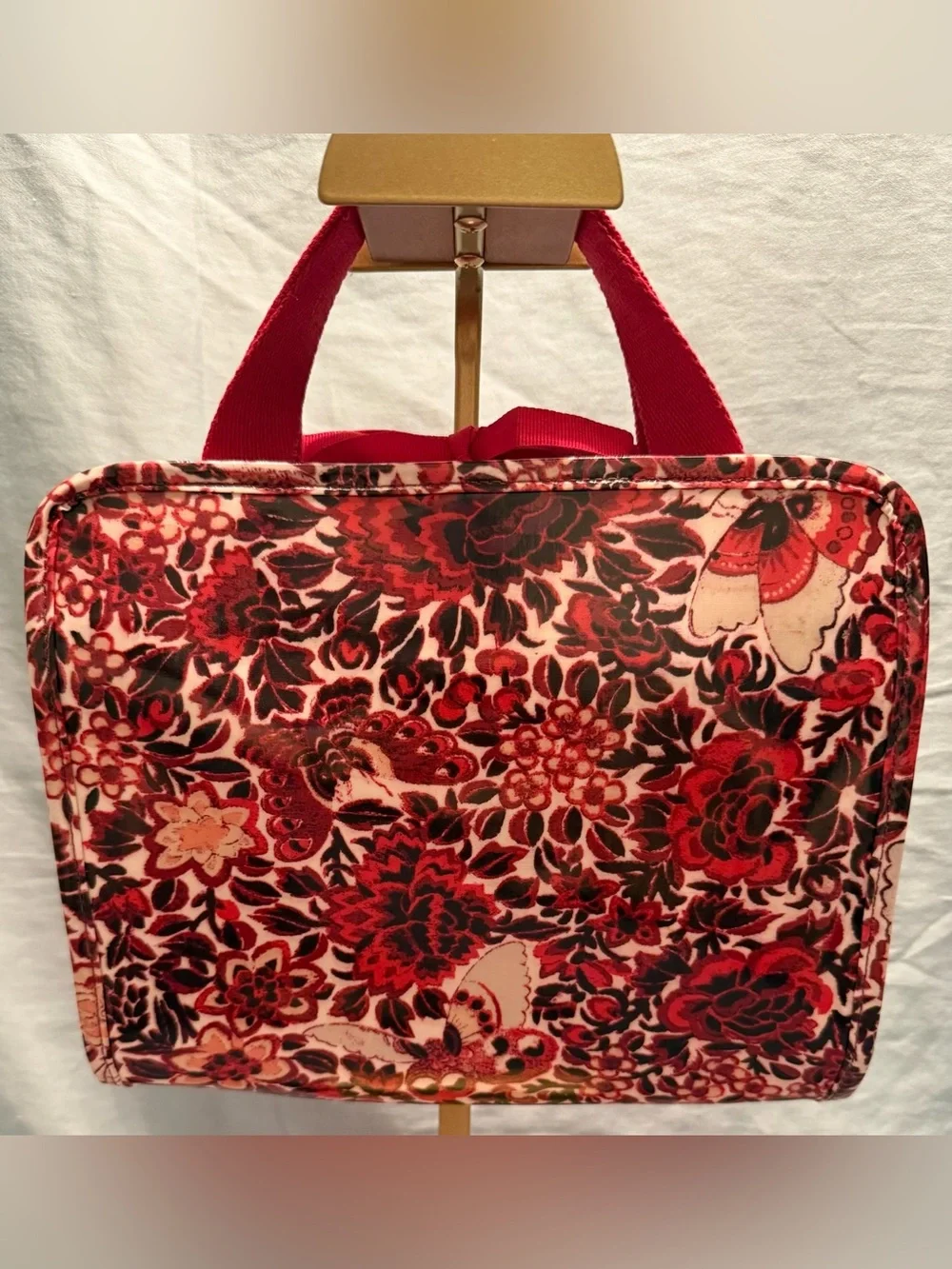 Tory Burch Red Floral Cosmetic Travel Organizer with Red Pink Black Accents